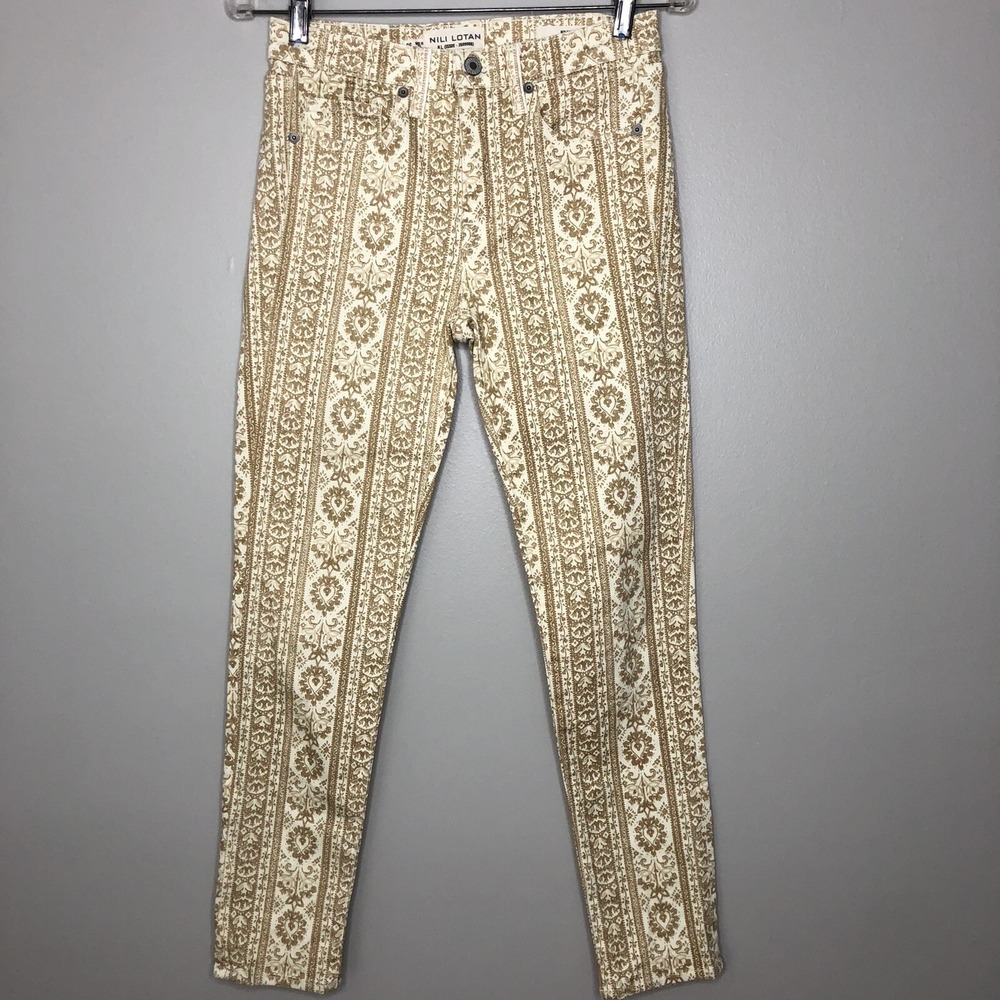 Nili Lotan Women's 26 Khaki Mid Rise Wallpaper Print Crop Skinny Jeans